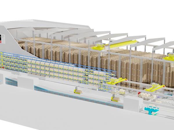 Système de manutention et de stockage entièrement automatisé des bobines de papier, du camion à l'onduleuse, pour Soenen Golfkarton en Belgique